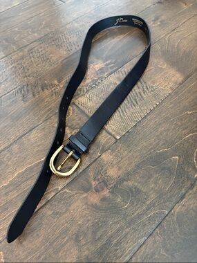 J. Crew Black Leather Belt with Brass-Tone Rounded Buckle